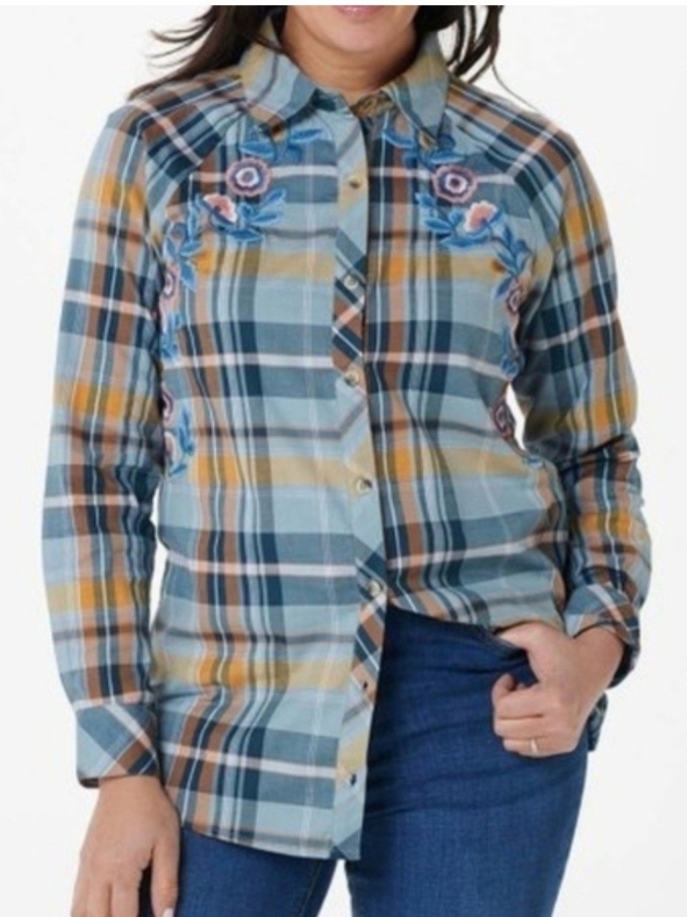 Tolani Blue and Orange Plaid Button-Up with Floral Embroidery